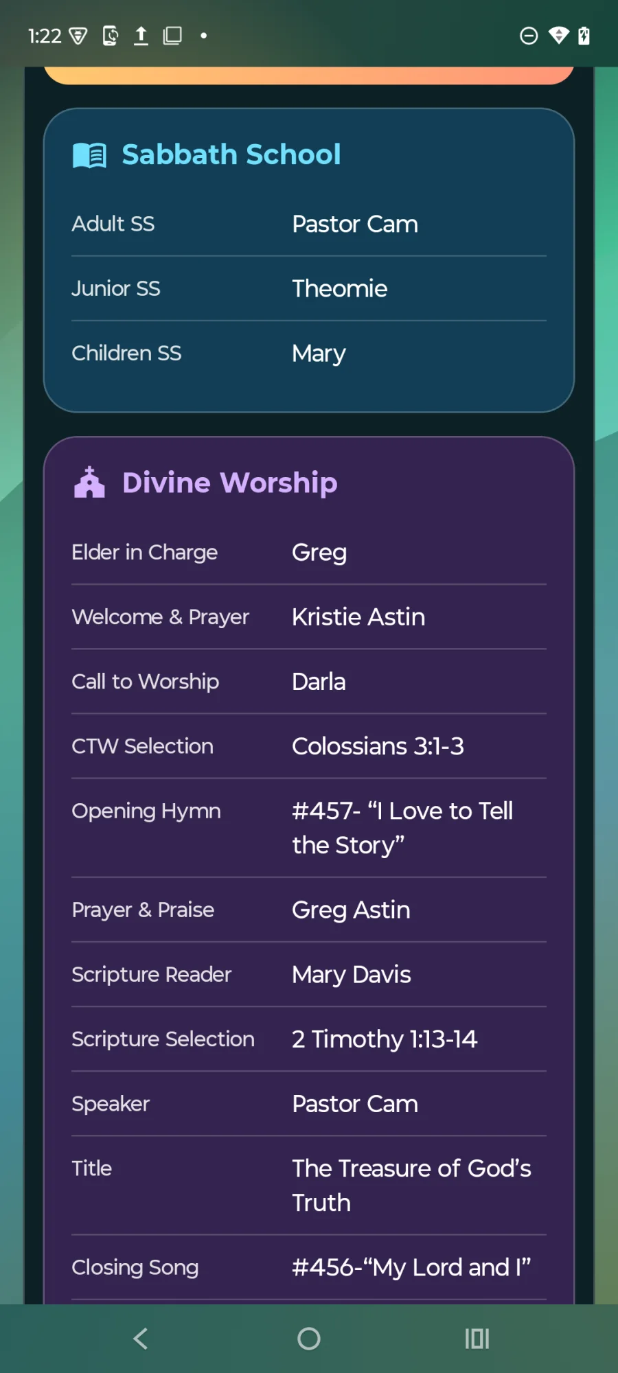 The current app’s weekly bulletin screen