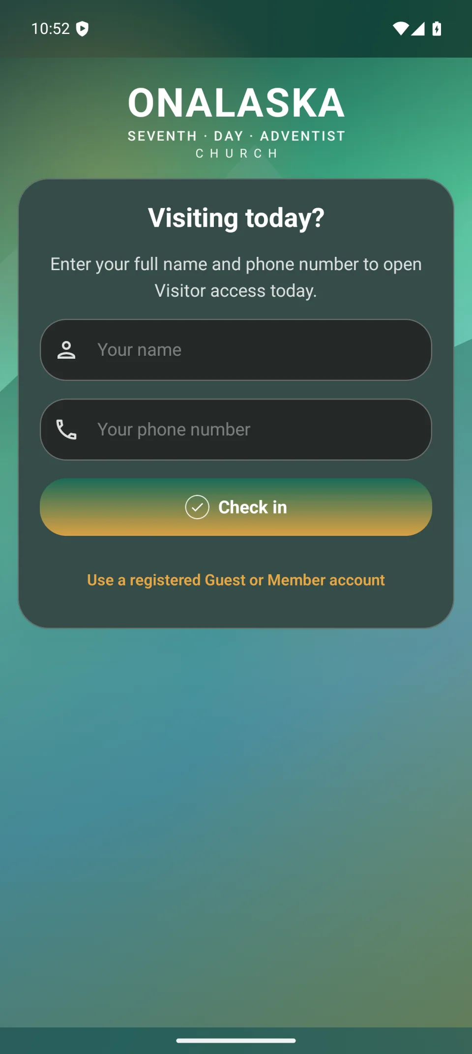 Onalaska SDA app visitor check-in screen