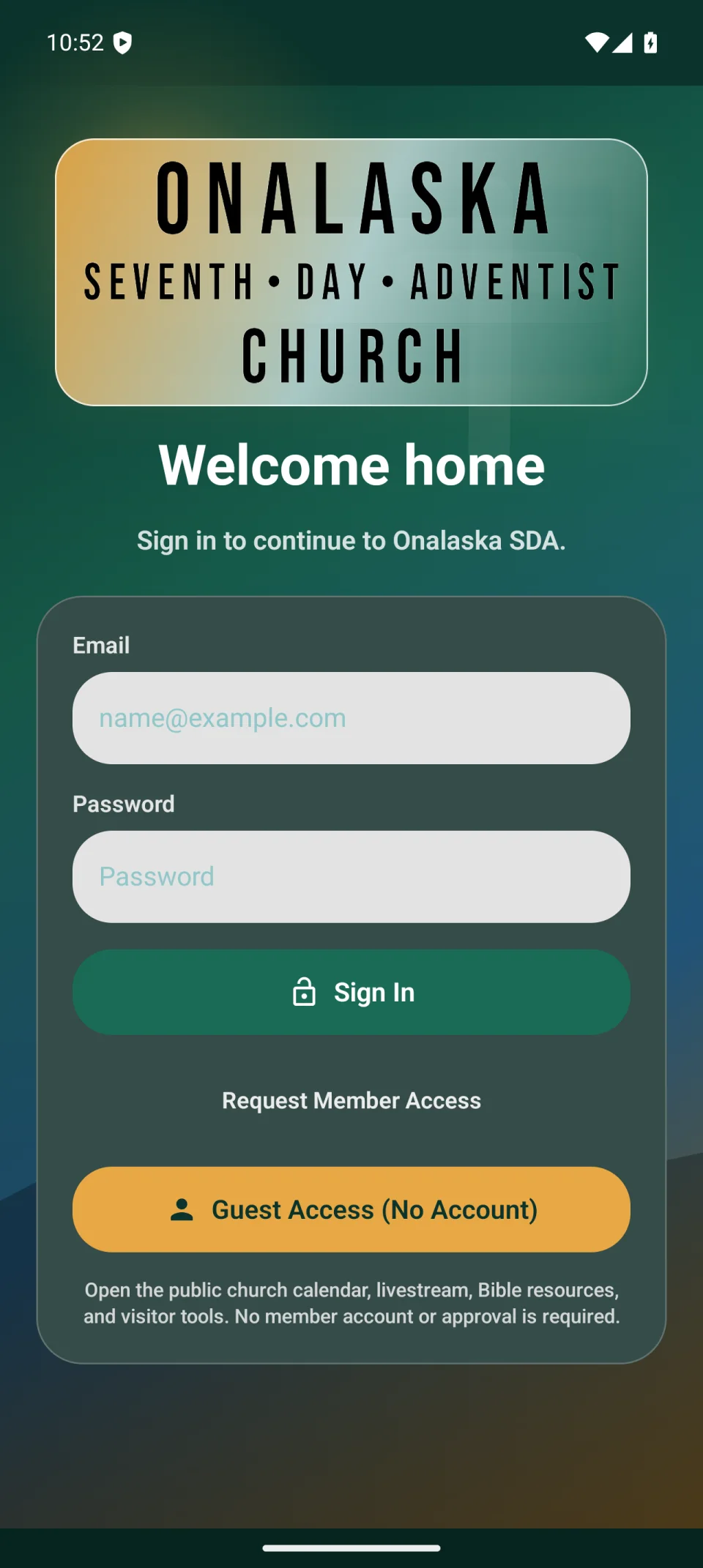 Onalaska SDA app welcome screen with sign-in and guest access
